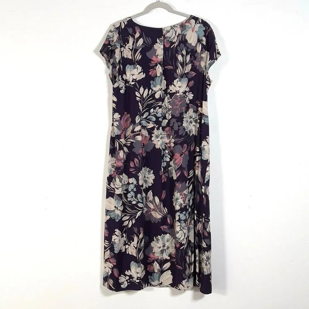 J Jill Vista Midi Dress Sz L Black Cherry Floral V-Neck Short Sleeve Pockets - Picture 3 of 10